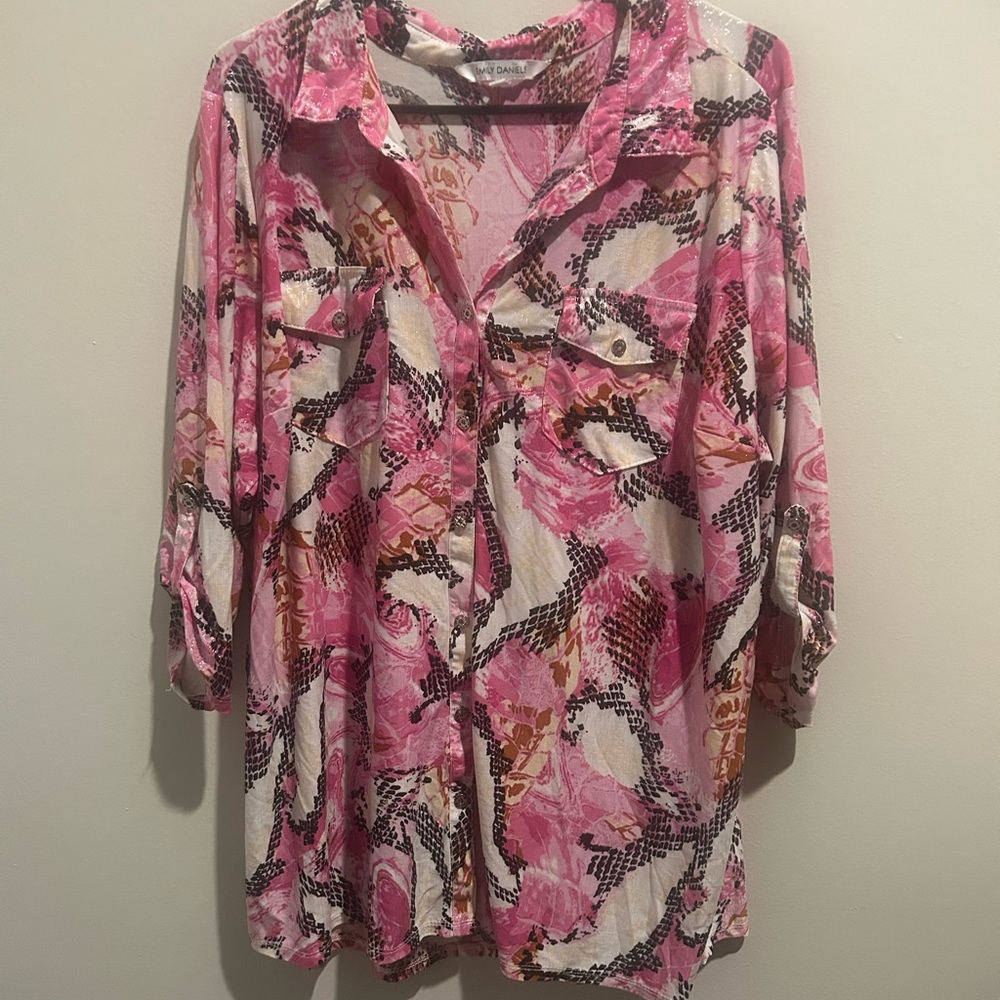 Pink Abstract Print Button-Up Blouse